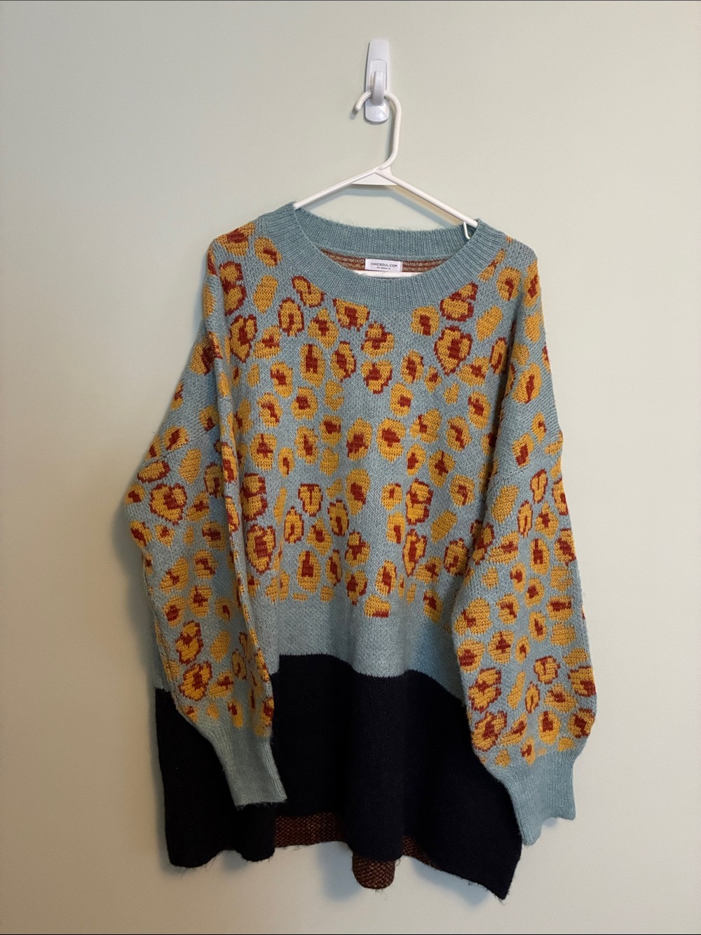 Gray Base Leopard Print Crewneck Sweater with Navy Hem